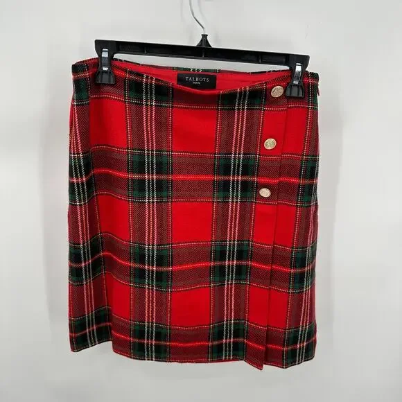 TALBOTS Wool Blend Red Plaid Skirt with Gold Hardware // 4 Petite - Picture 3 of 12